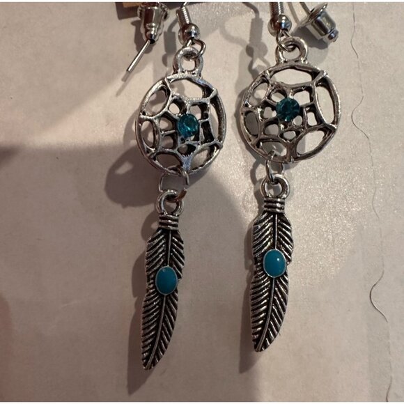 Dreamcatcher Feather Dangle Earrings With Turquoise Accent Stones - Picture 1 of 4